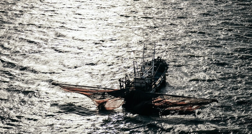 A fishing boat with large nets cast out on the sides floats on the water, with shimmering sunlight reflecting off the rippling surface of the sea.